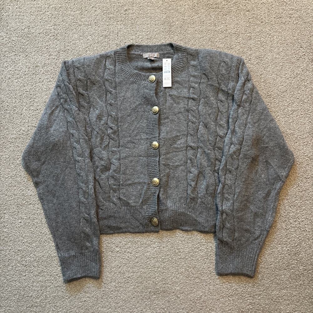 J.Crew Cable Knit Cardigan Size M Gray Lambs Wool Alpaca Blend Gold Buttons NWT